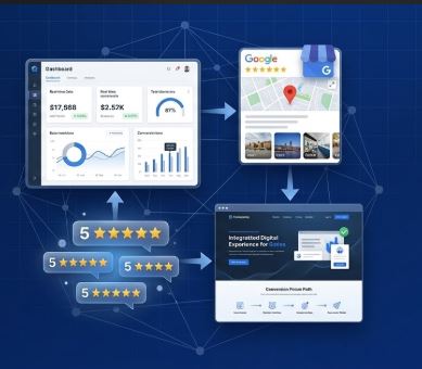 Digital business dashboard with Google reviews, a business profile, website, and social marketing previews
